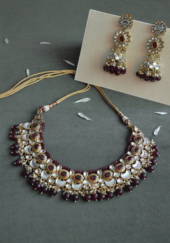 Red Gold Toned Meenakari Kundan Necklace Set – Branca