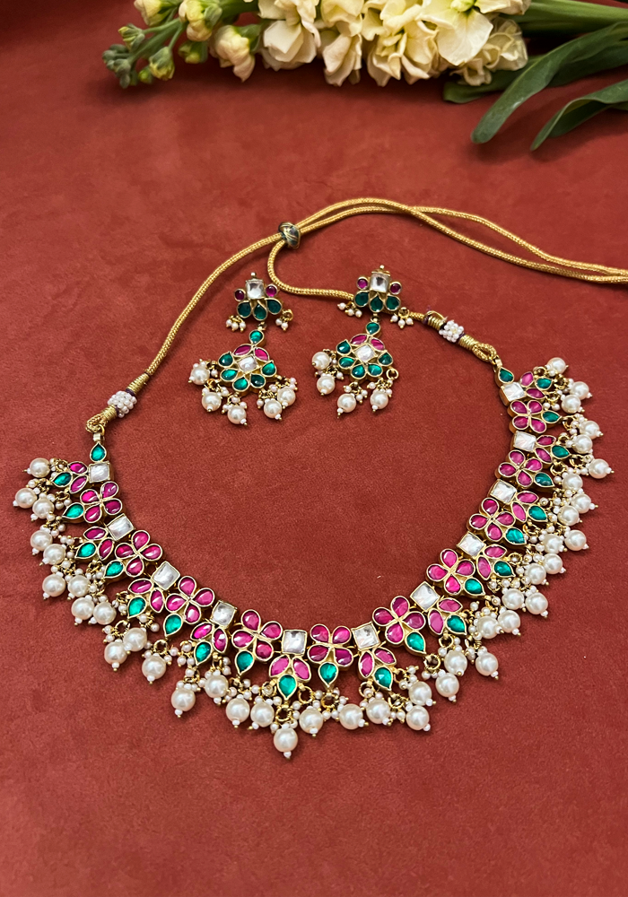 Green and Pink Toned Kundan Necklace with Pearl Droplets