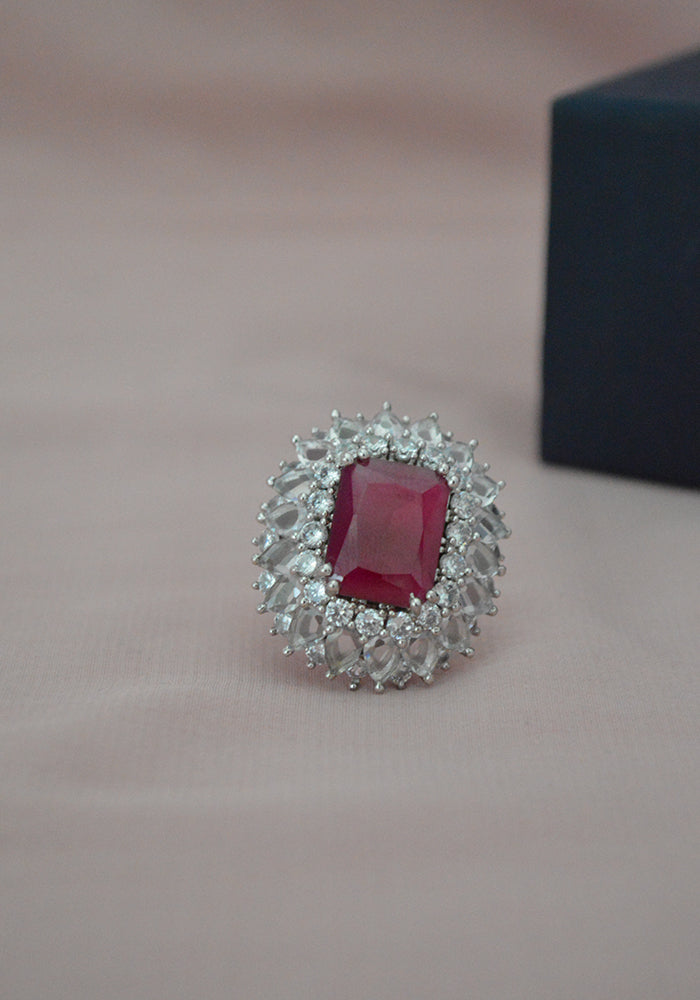 American Diamond Ring with Red Stone