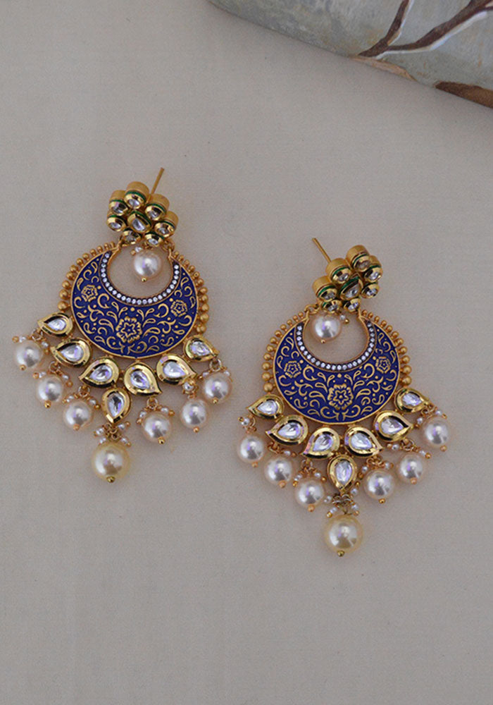 Blue Gold Toned Meenakari Kundan Chandbali with Pearls Droplets