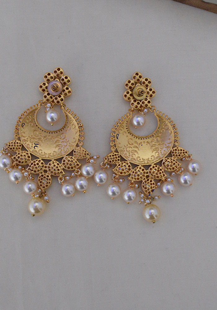 Blue Gold Toned Meenakari Kundan Chandbali with Pearls Droplets