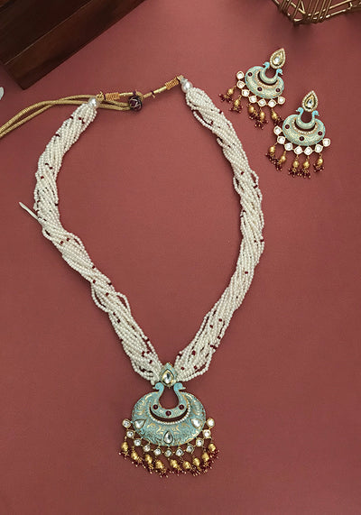 Blue Toned Meenakari Pendant Kundan Necklace Set