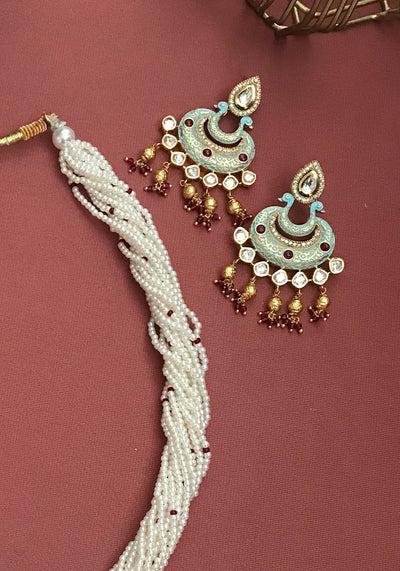 Blue Toned Meenakari Pendant Kundan Necklace Set