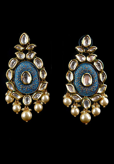 Enamel Blue Gold Toned Kundan Earrings