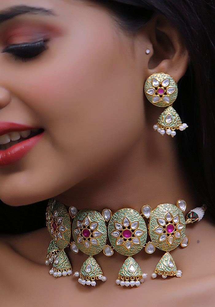 Rose Gold Kundan Necklace with Enamel