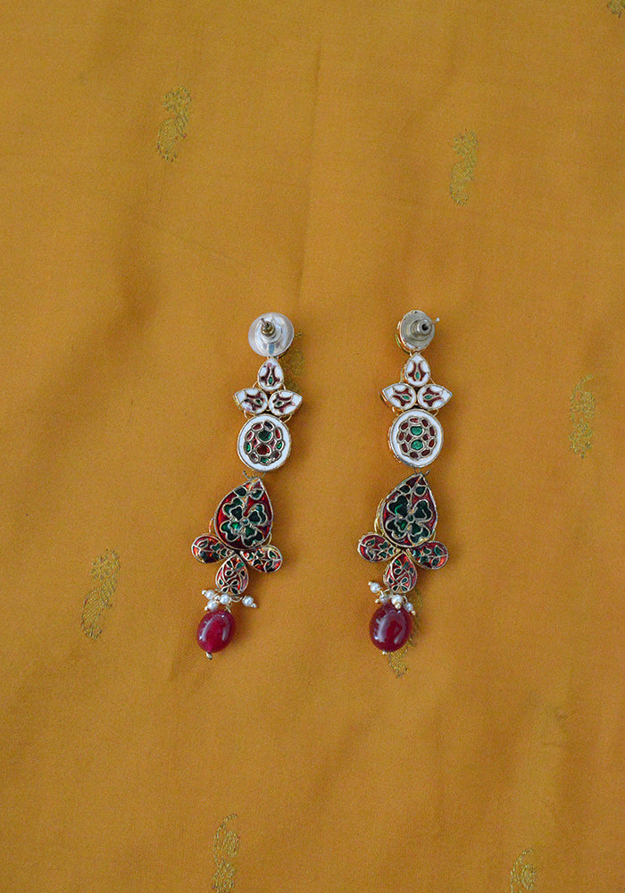 Gold Toned 2 Layered American Diamond Studded Kundan Neklace with Ruby Colored Droplets and a Pair of Earrings