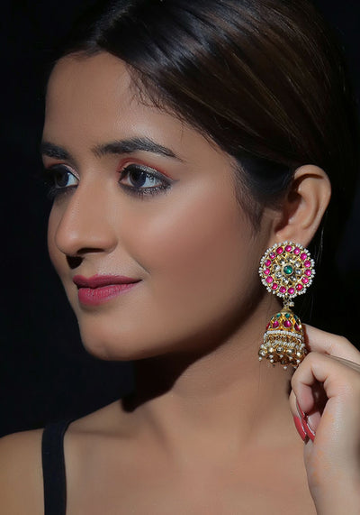 Gold Toned Jhumkis with Multicolored Studded Semi Precious Stones