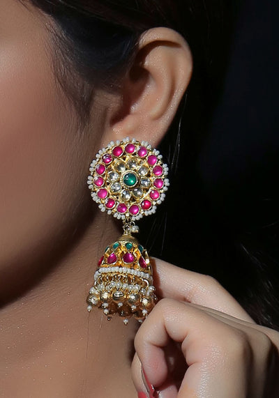 Gold Toned Jhumkis with Multicolored Studded Semi Precious Stones
