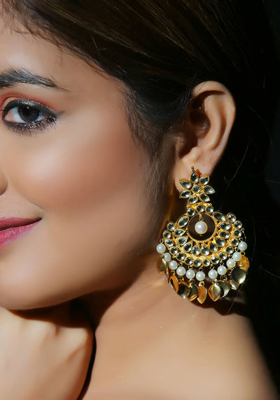 Gold Toned Kundan Chandbali Earrings with Pearls
