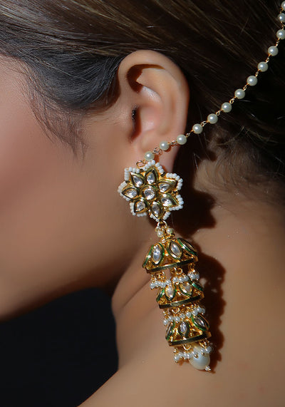 Gold Toned Kundan Dangler Jhumkis with Pearls