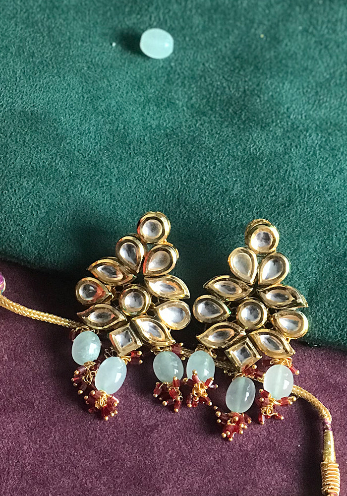 Gold Toned Kundan Necklace Set with Sea Green Droplets