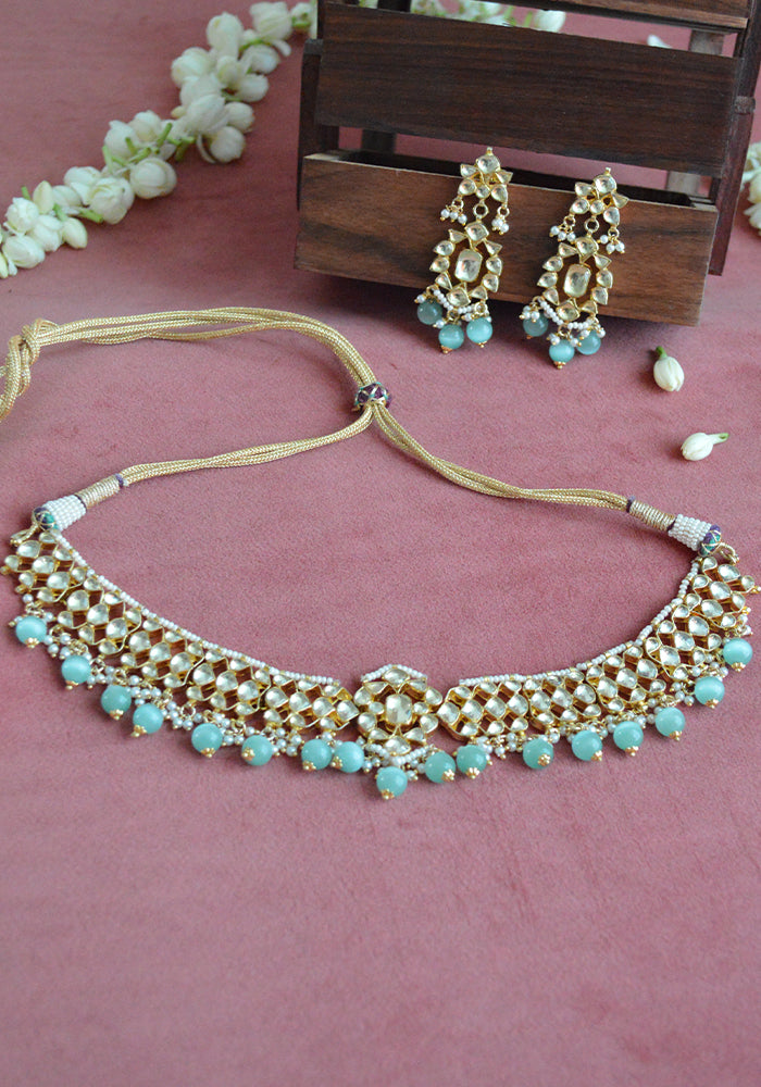 Gold Toned Kundan Necklace Set with Sea Green Onyx Droplets