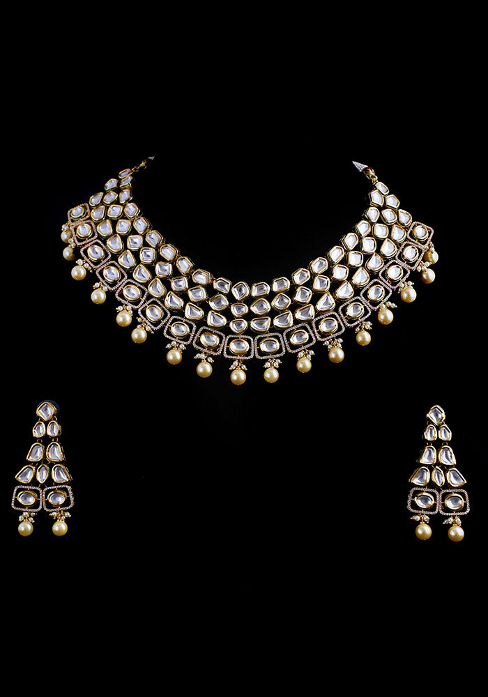 Gold Toned Kundan Necklace with AD and Pearls