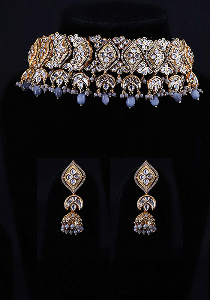 Gold Toned Kundan Necklace with Grey Droplets