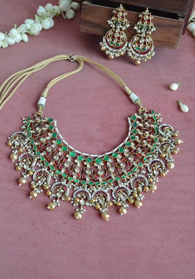 Gold Toned Kundan Necklace with Multicolored stones