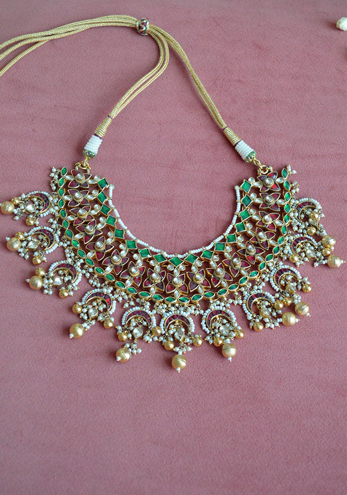 Gold Toned Kundan Necklace with Multicolored stones