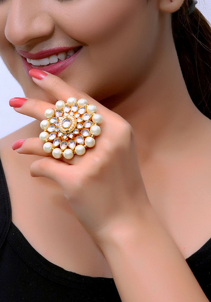 Gold Toned Kundan Ring with Pearls