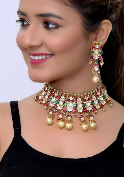 Gold Toned Multicolored Kundan Necklace with Pearls