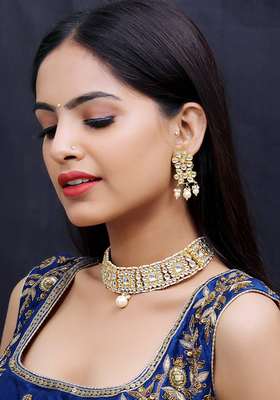 Gold Toned Polki Choker With Pearl Droplet and a Pair of Earrings