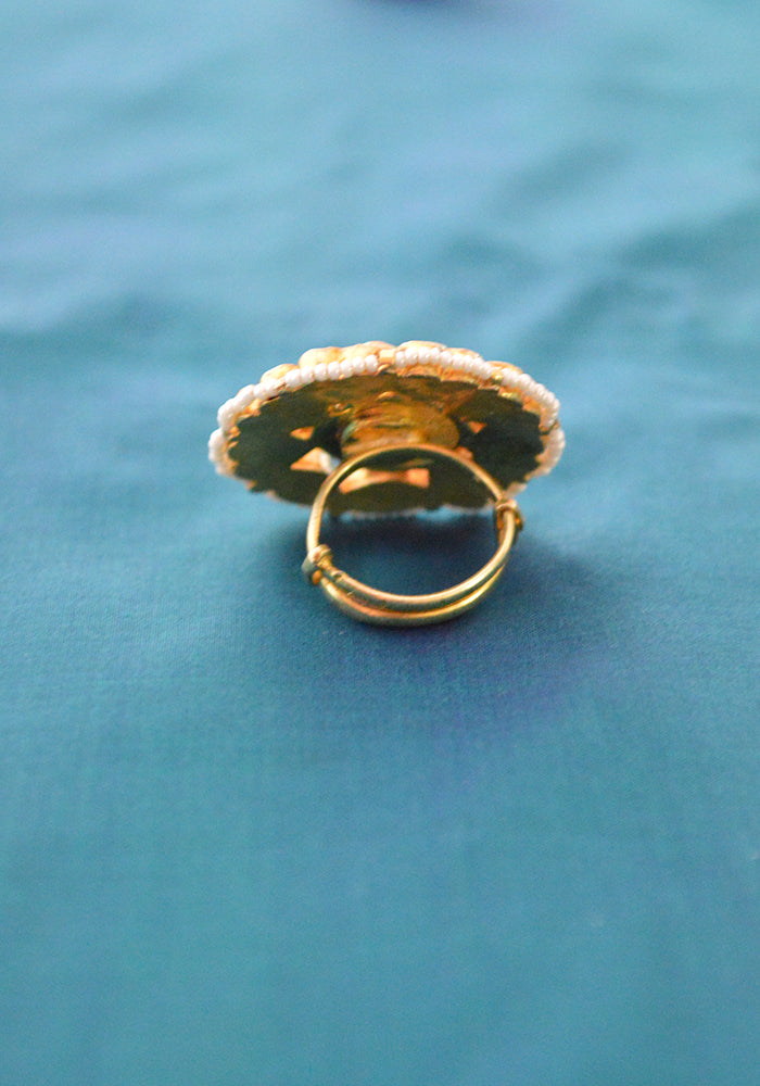 Gold Toned Polki Ring with Pearls