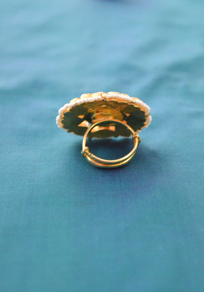 Gold Toned Polki Ring with Pearls