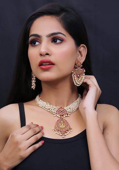 Gold Toned Temple Gold Goddess Pearl Necklace with a Pair of Jhumkis