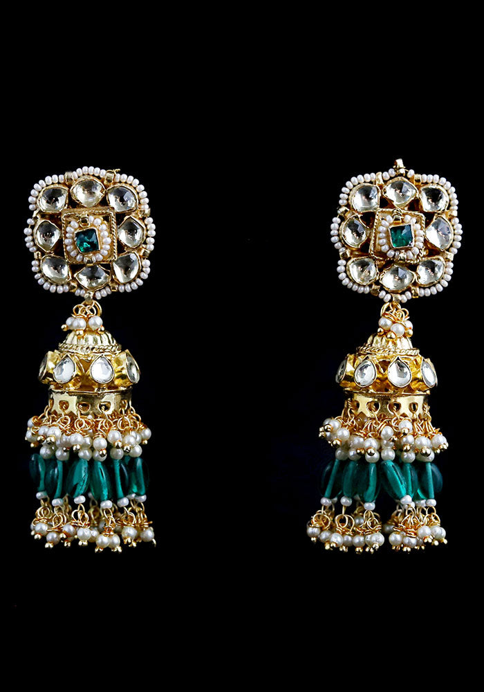 Green Gold Toned Kundan Dangler Earrings with Pearls