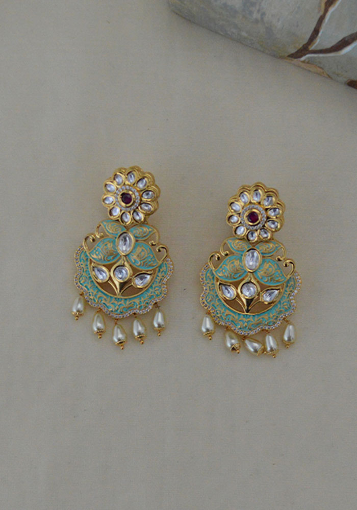 Green Gold Toned Kundan Meenakari Earrings with Pearl Droplets
