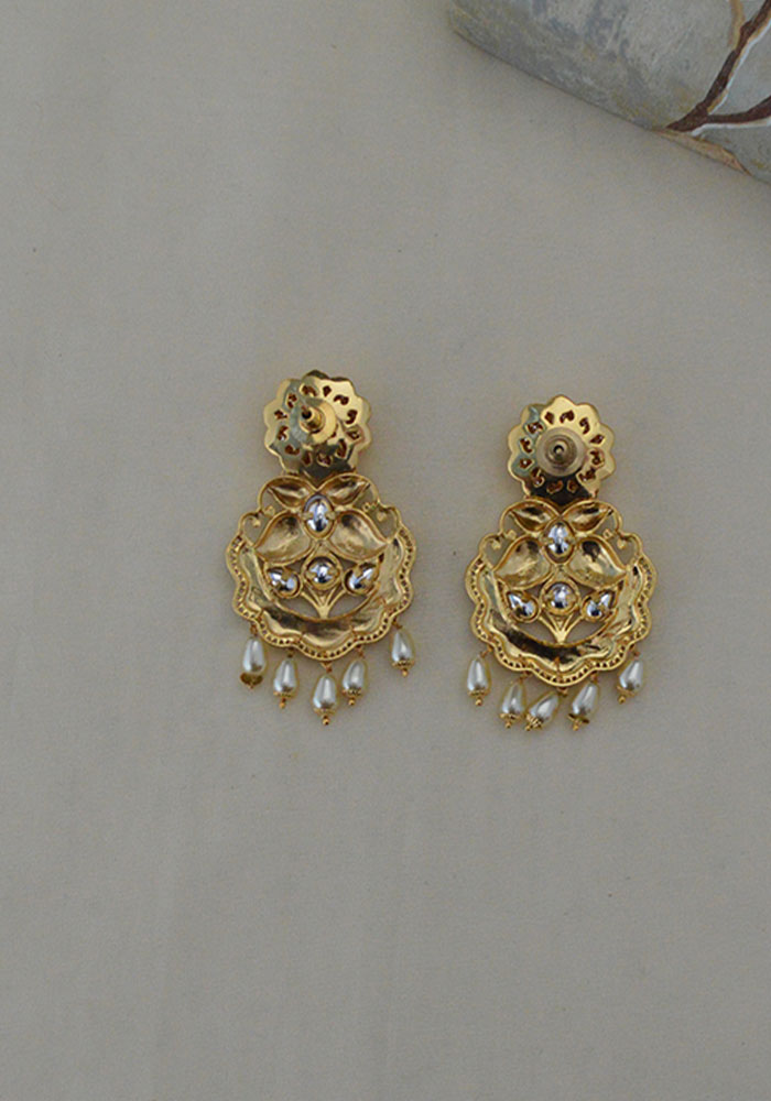 Green Gold Toned Kundan Meenakari Earrings with Pearl Droplets