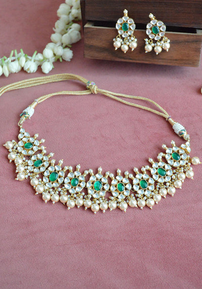 Green Gold Toned Kundan Necklace Set with Pearls