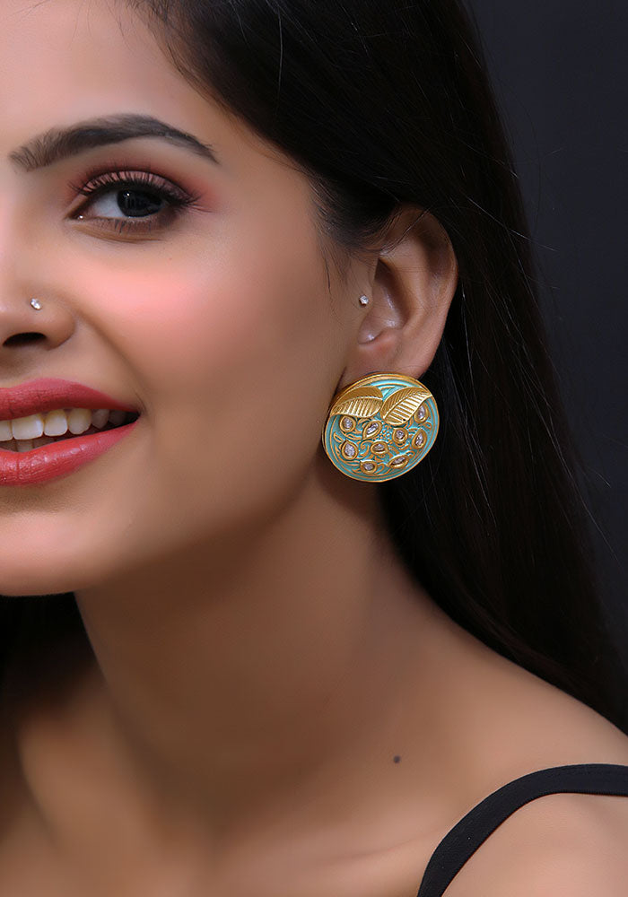 Green Gold Toned Kundan Stud Leaf  Earrings