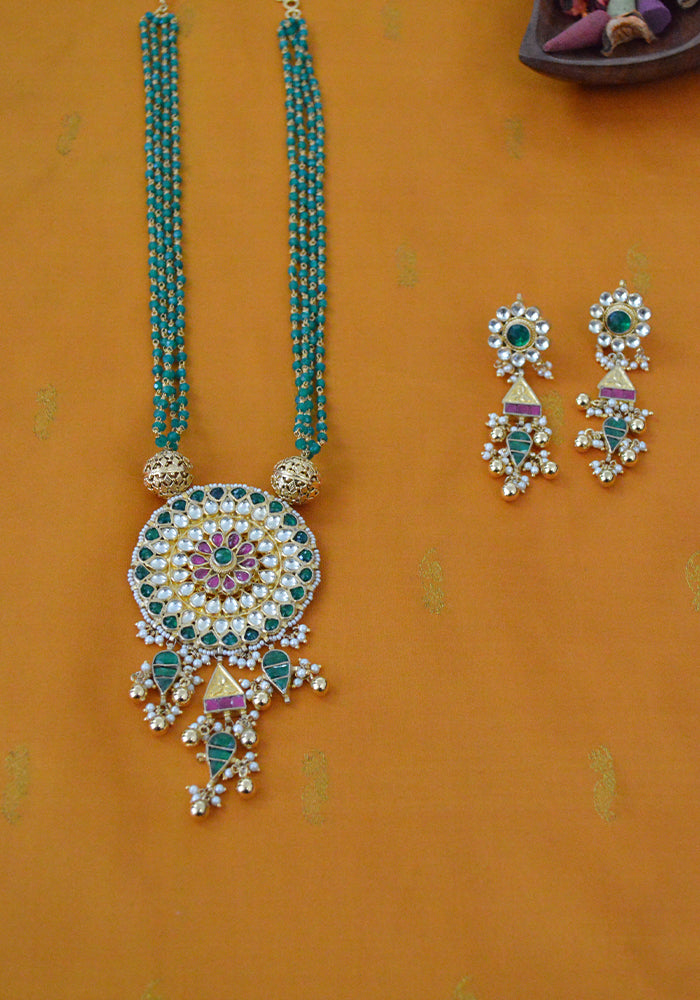 Green Gold Toned Multicolored Semi-Precious Stones Studded Polki Pendant Necklace with a Pair of Earrings