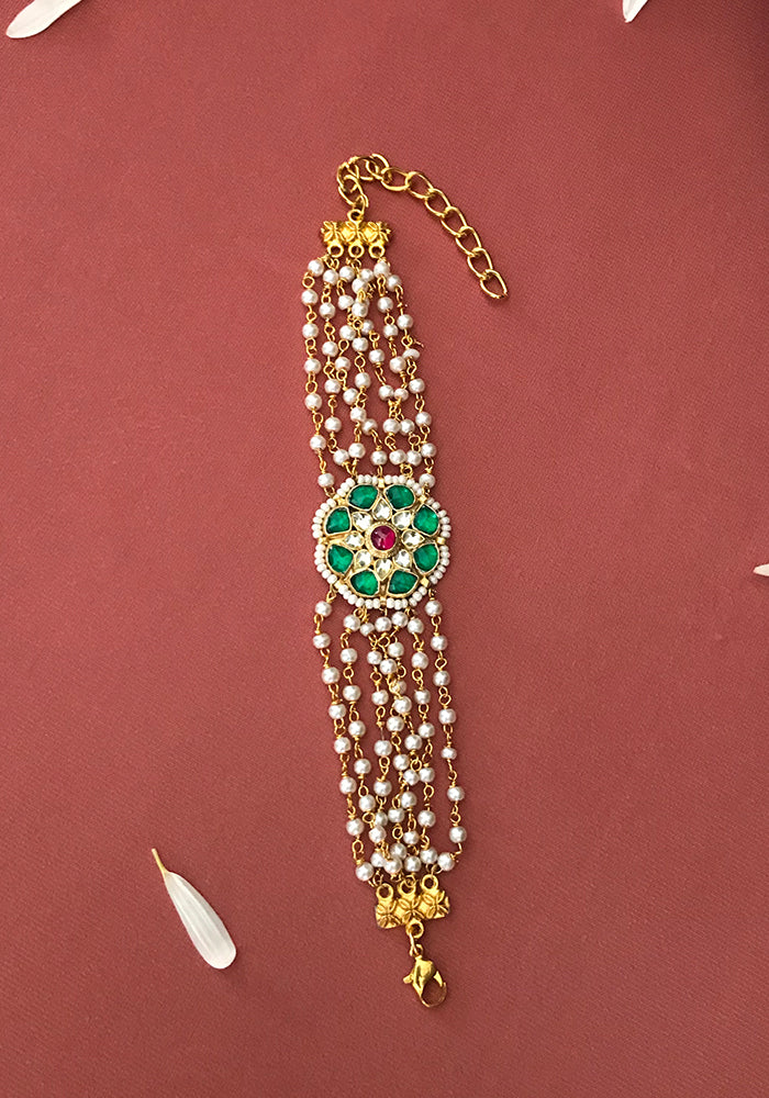 Green Toned Pearl String Kundan Bracelet