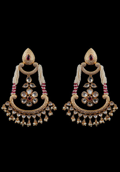 Ivory Toned Kundan Meenakri Dangler Earrings with Pearls