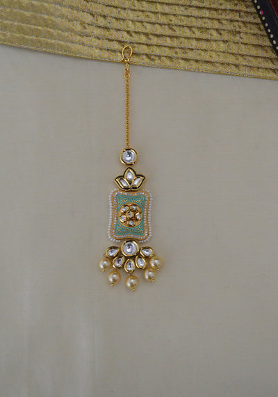 Mint Green Gold Toned Mang Tika with Pearls