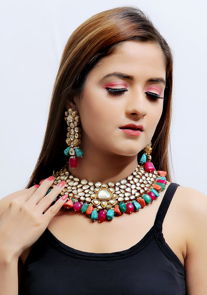 Muticolored Gold Toned Polki Necklace with Semi Precious Stones Droplets and a Pair of Earrings