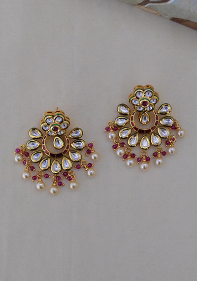 Pink Gold Toned Kundan Chandbali with Pearl Droplets