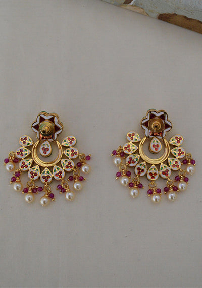 Pink Gold Toned Kundan Chandbali with Pearl Droplets
