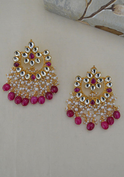 Pink Gold Toned Kundan Chandbali with Ruby Colored Droplets
