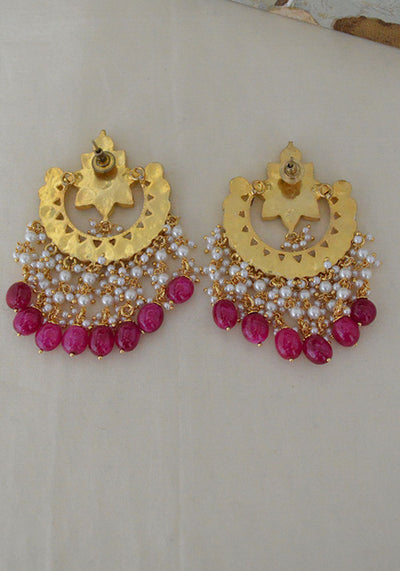 Pink Gold Toned Kundan Chandbali with Ruby Colored Droplets