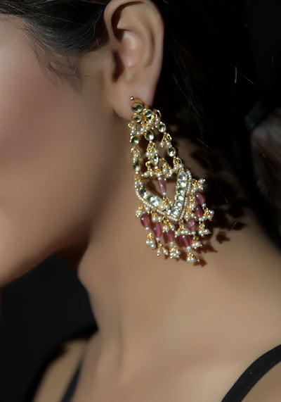 Pink Gold Toned Kundan Dangler Earrings