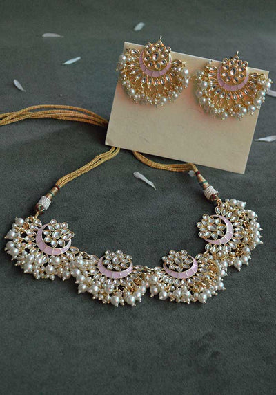 Pink Gold Toned Kundan Necklace Set with Pearl Droplets