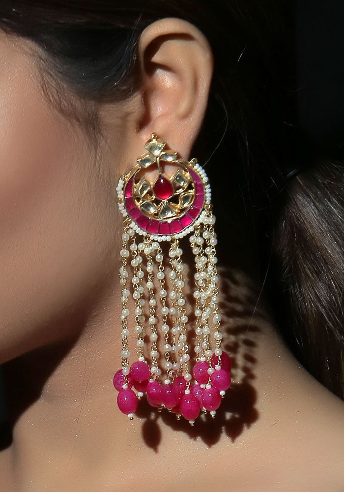 Pink Gold Toned Kundan Pearl Dangler Earrings