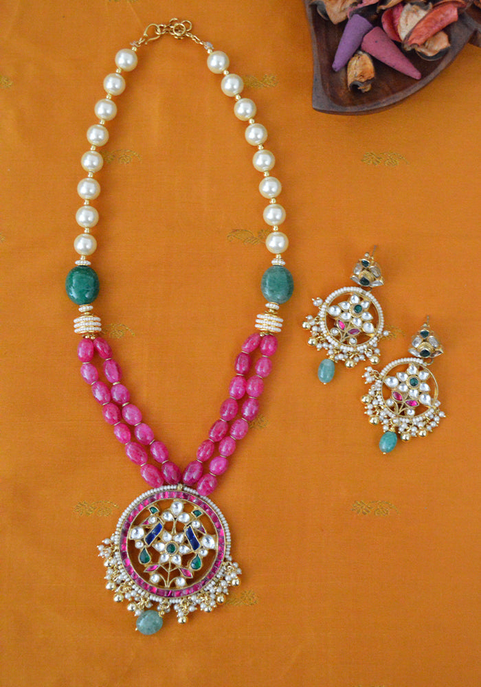 Pink Gold Toned Multicolored Semi Precious Stones Studded Pendant Necklace with Pearl & Pink Onyx String and a Pair of Earrings