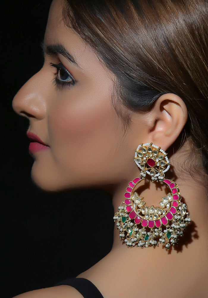 Pink Gold Toned Pearl Kundan Chandbali Earrings