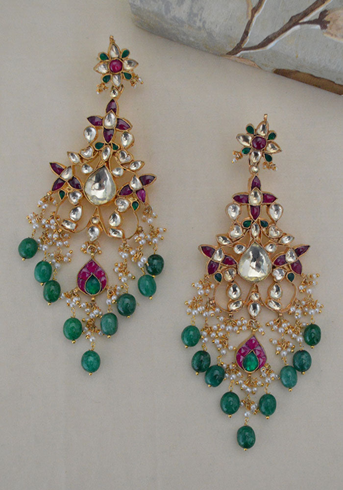 Pink Green Toned Semi Precious Stones Kundan Earrings