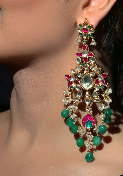 Pink Green Toned Semi Precious Stones Kundan Earrings