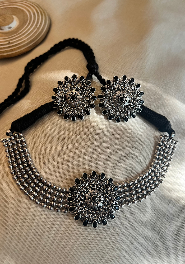 Purusha Black Toned Oxidised Silver Necklace Set