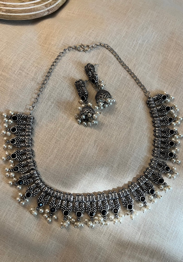 Purusha Black Tone Oxidised Silver Necklace Set With White Droplets