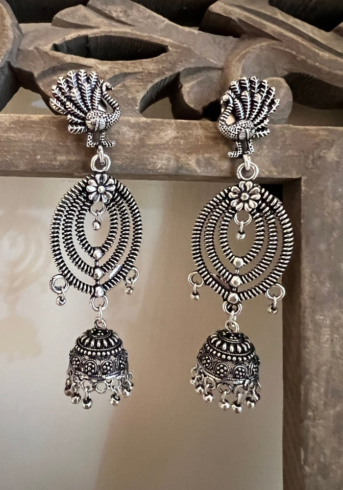 Purusha Oxidised Silver Long Earrings